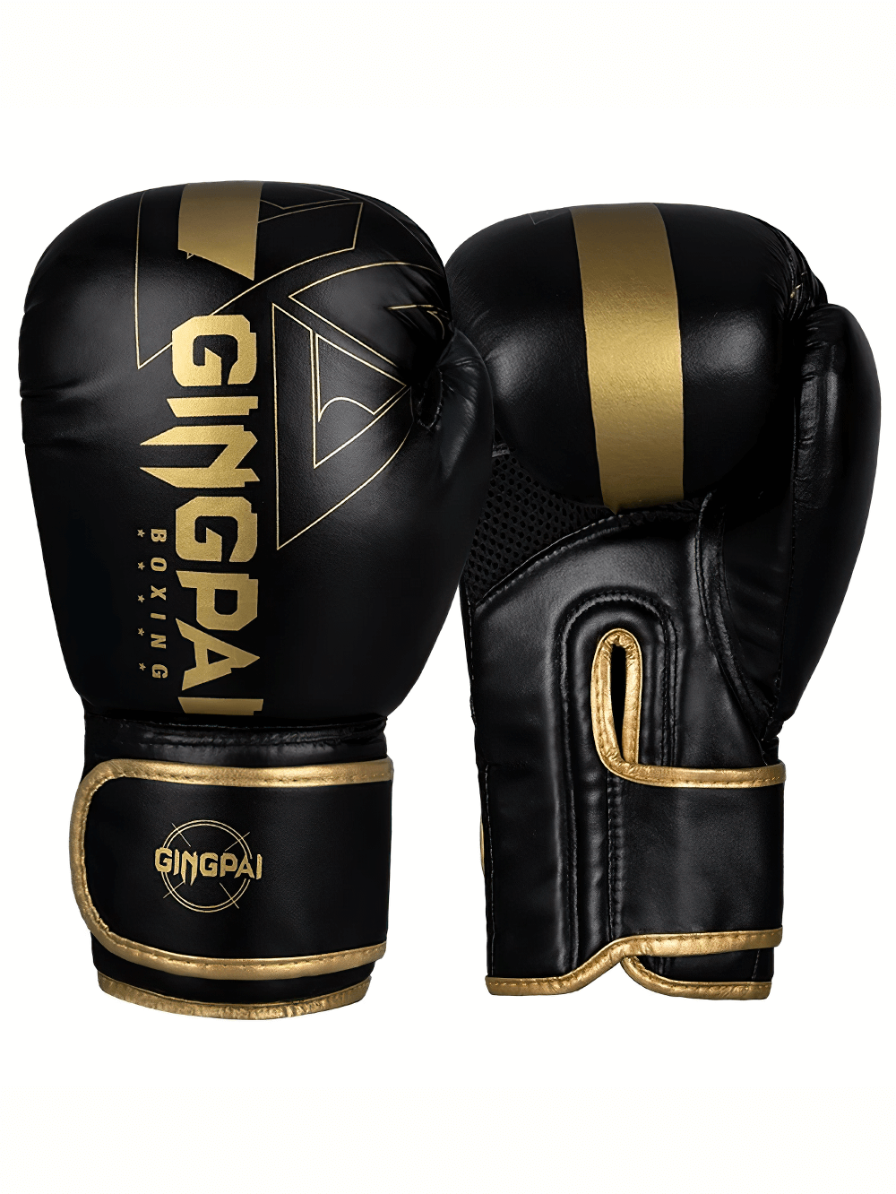 Black and gold professional PU leather boxing gloves with secure wrist straps for training and sparring.